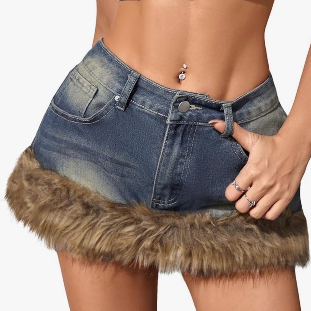 Denim Mini Skirt with Faux Fur Trim - Blue and Brown
